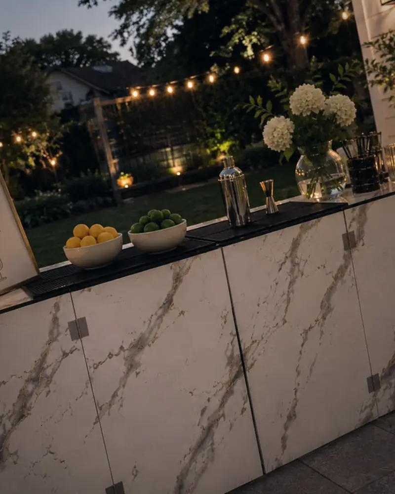 White marble bar glowing under string lights before a backyard party